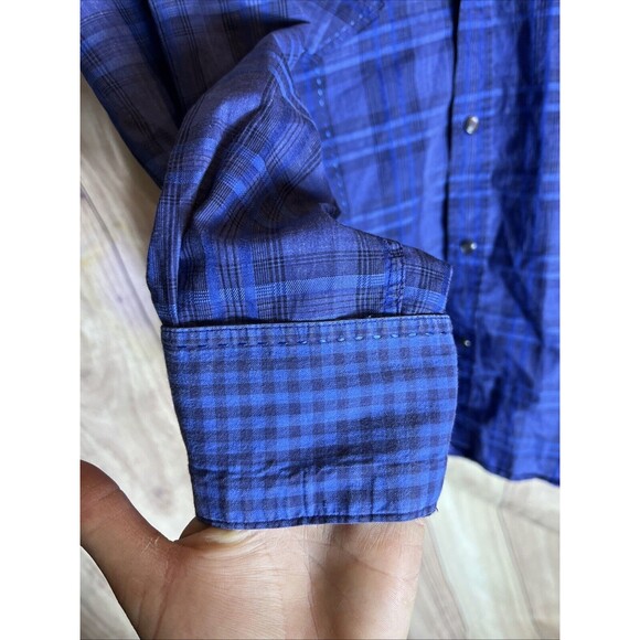 Bugatchi Dress Shirt Large Blue Plaid Paisley Contrast Flip Cuff Shape Fit - Picture 8 of 13